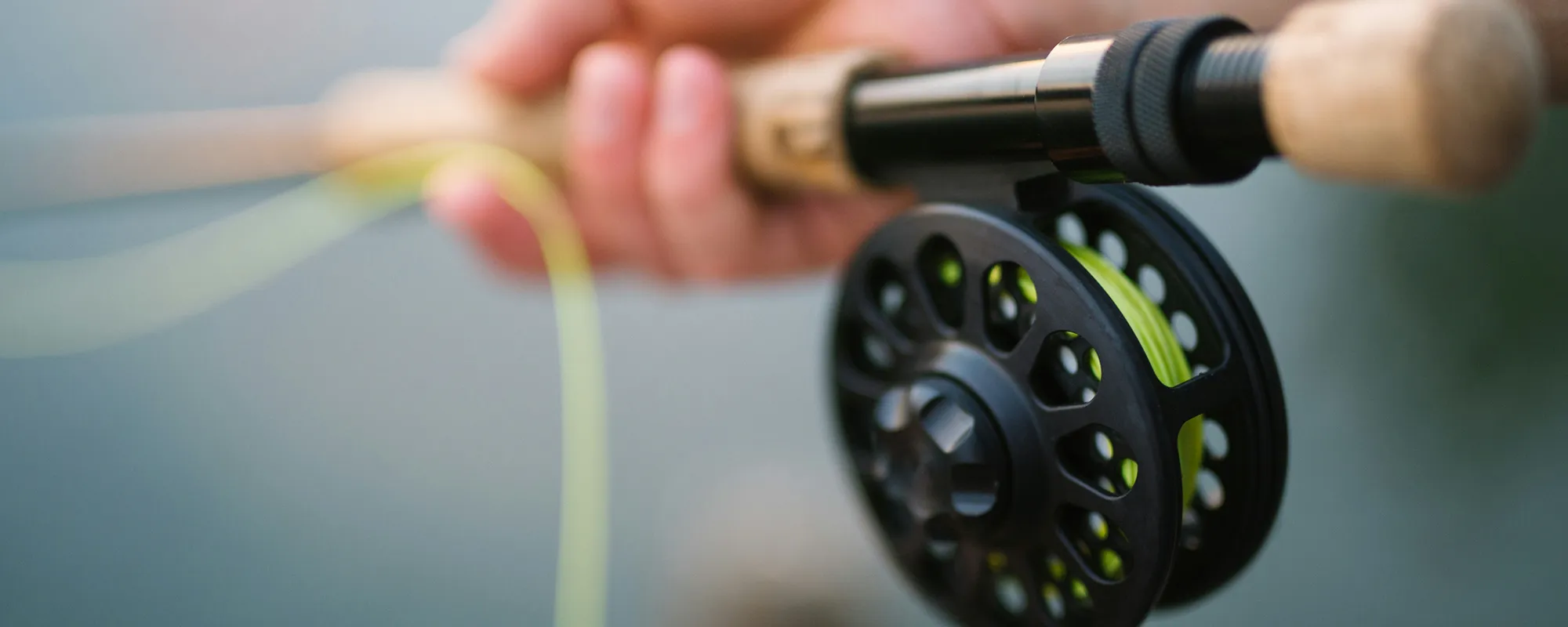 A fly reel and rod resting at the water's edge